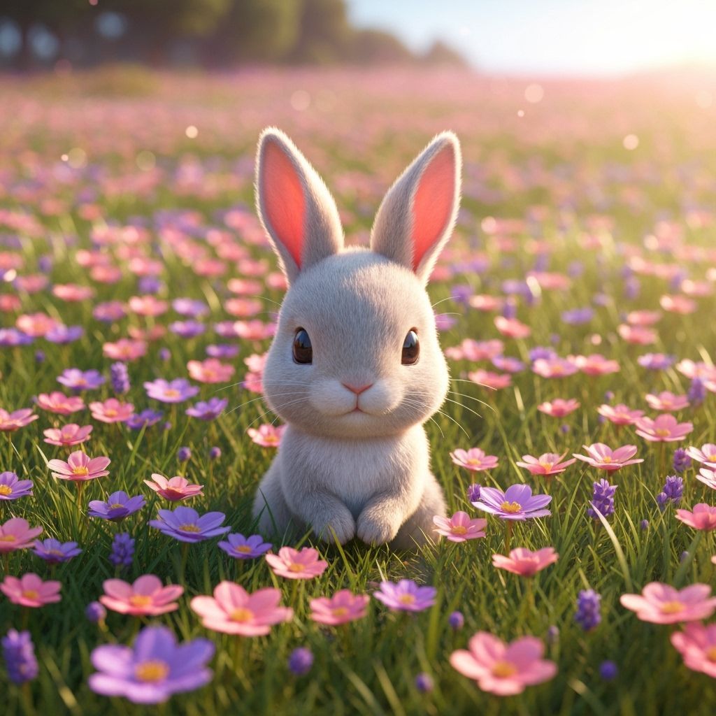 Adorable Bunny in Pink and Purple Flower Meadow