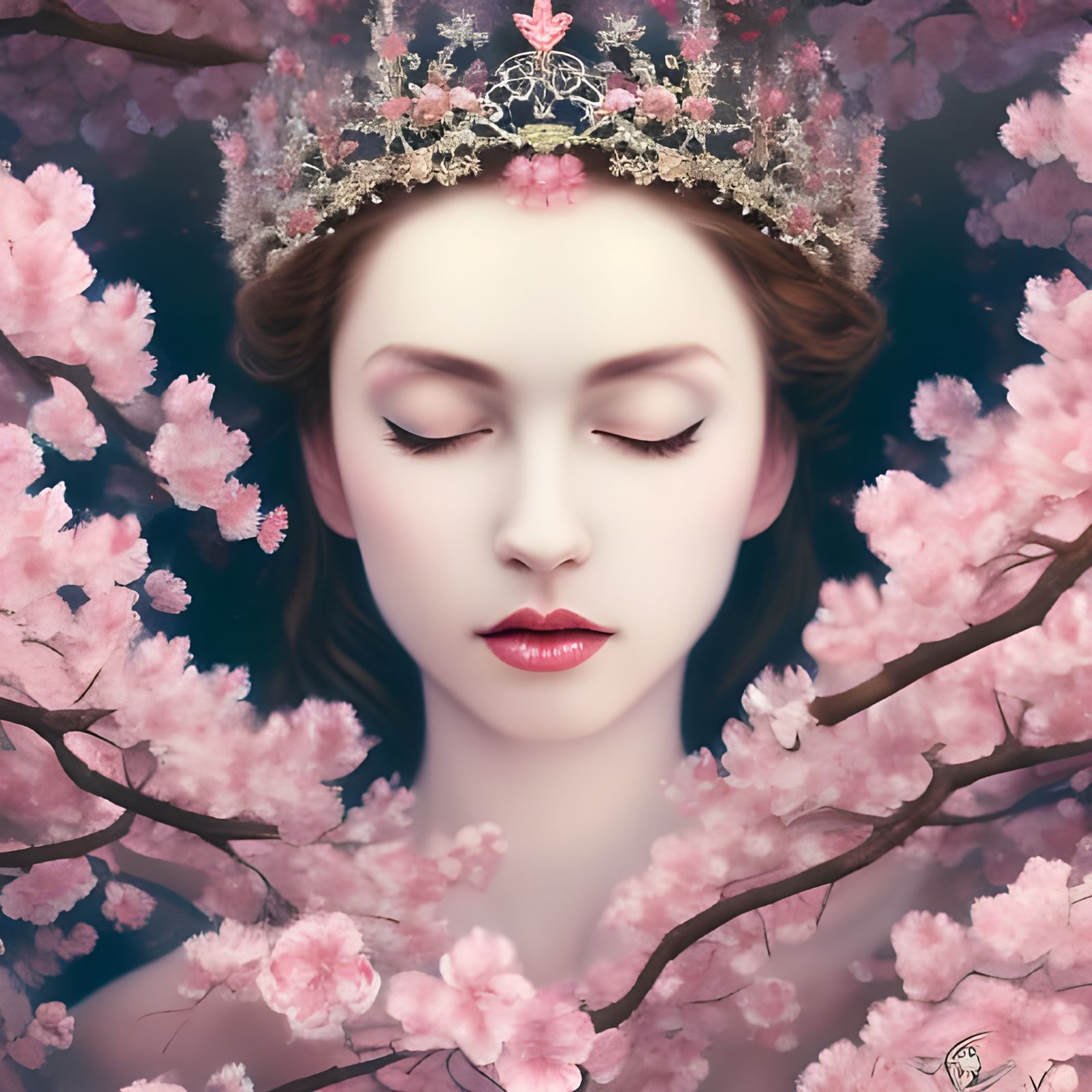 Cherry Blossom Queen Portrait in Art Nouveau Style