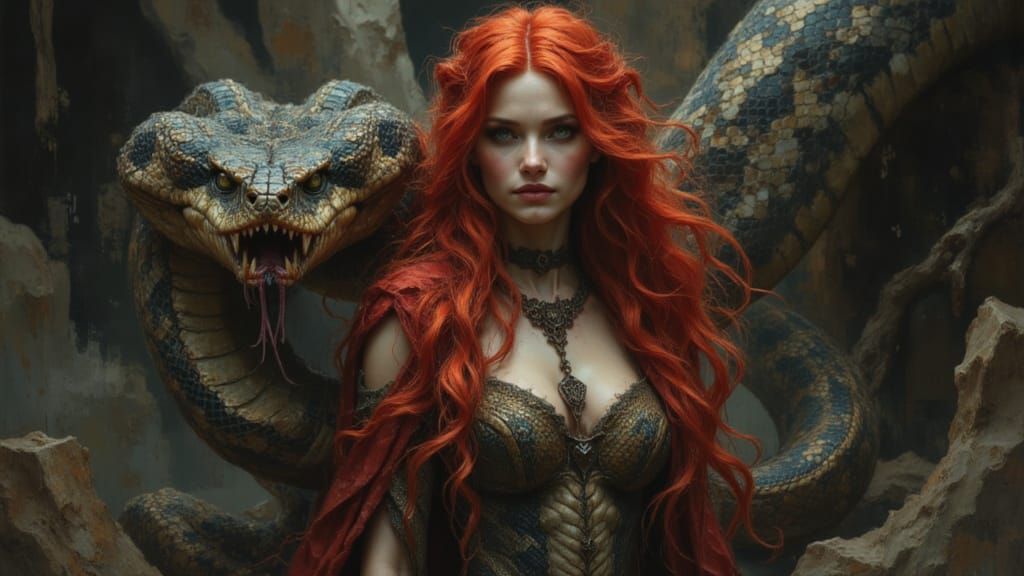 Sorceress with Cobra in Fantasy Horror Art Style