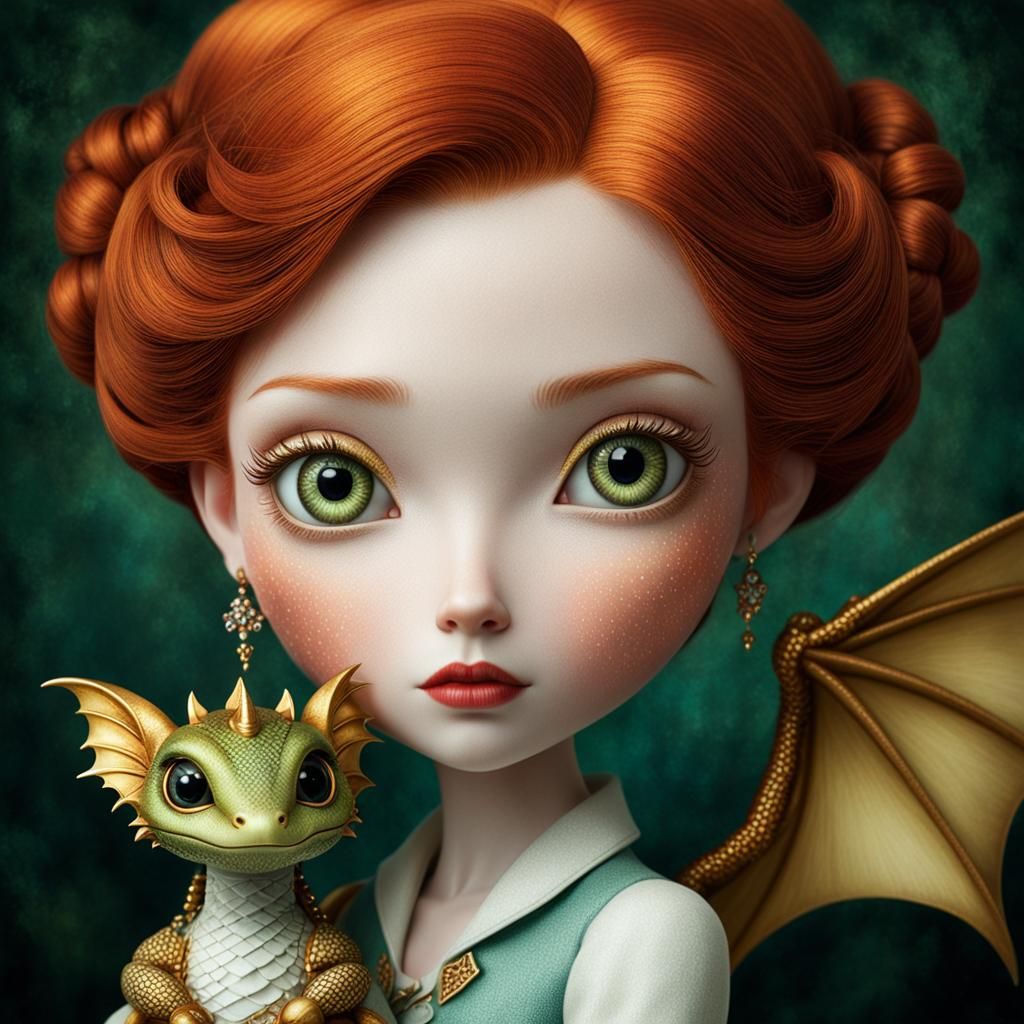 Ginger-Haired Lady with Dragon: Fairytale Hyperrealism