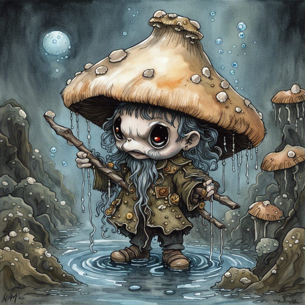 Whimsical Mushroom Man Water Mage in Art Nouveau Style