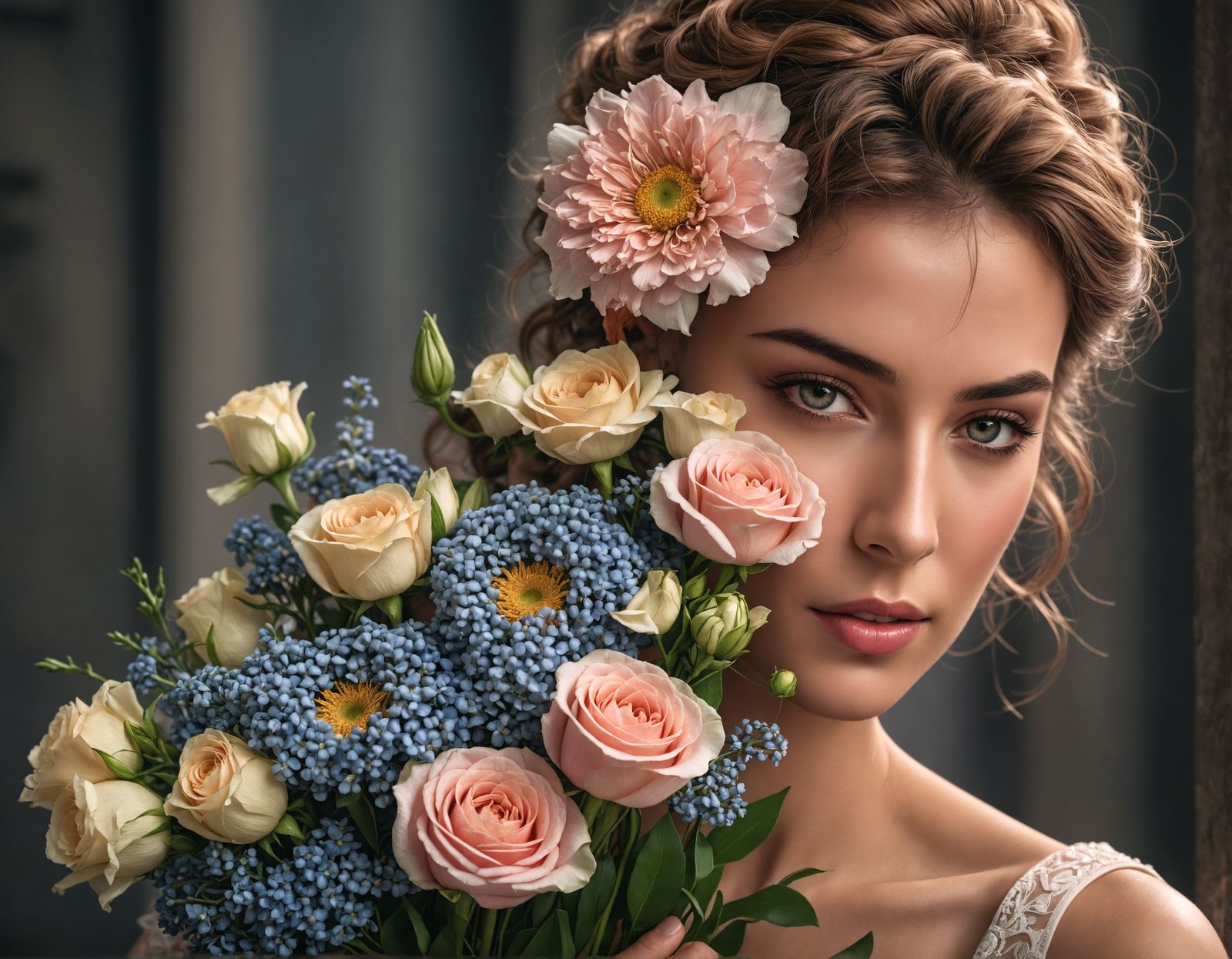 A Woman Holding a Beautiful Bouquet of Flowers in Hyperreali...