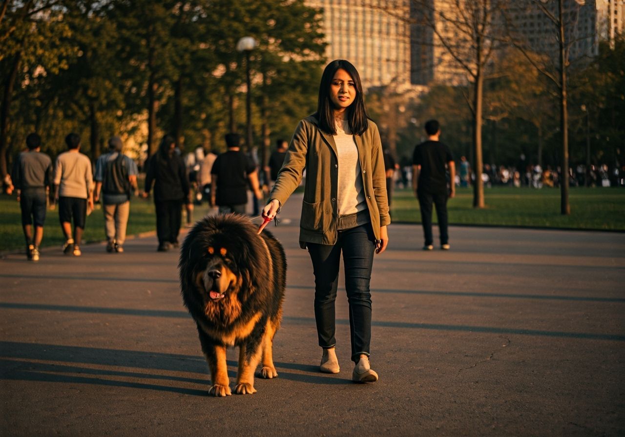 Woman Walks Dog in City Park: Photojournalism Style