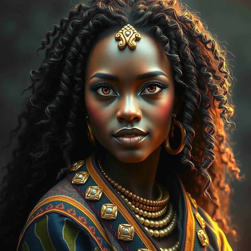Radiant African Goddess Portrait in Art Nouveau Style