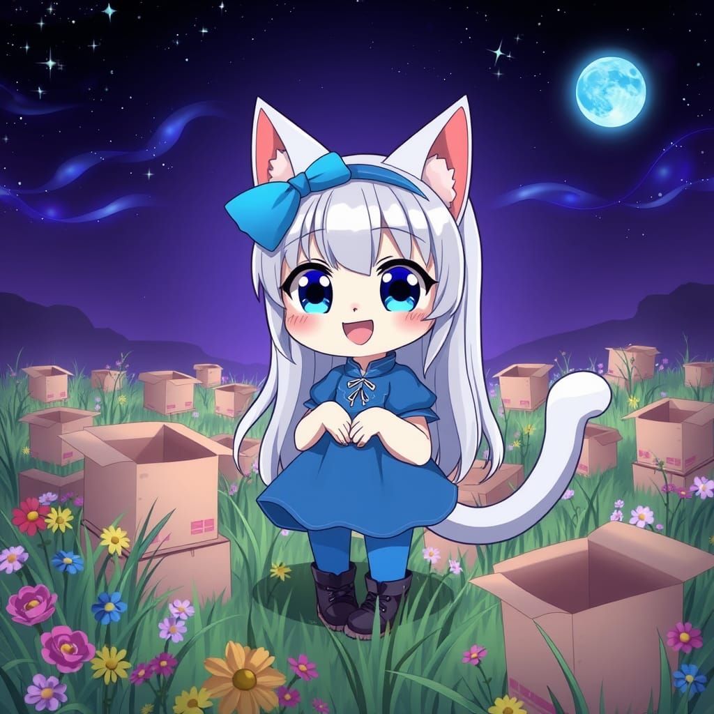 Cartoon Catgirl Enjoys Nighttime Box Adventure