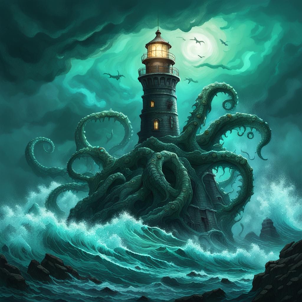 Kraken Attacks Lighthouse in Dark Fantasy Art