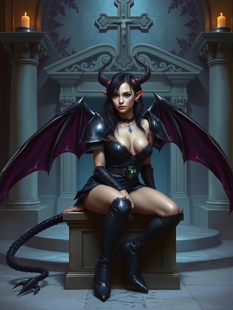 Female Demon on Dais in Ornate Church