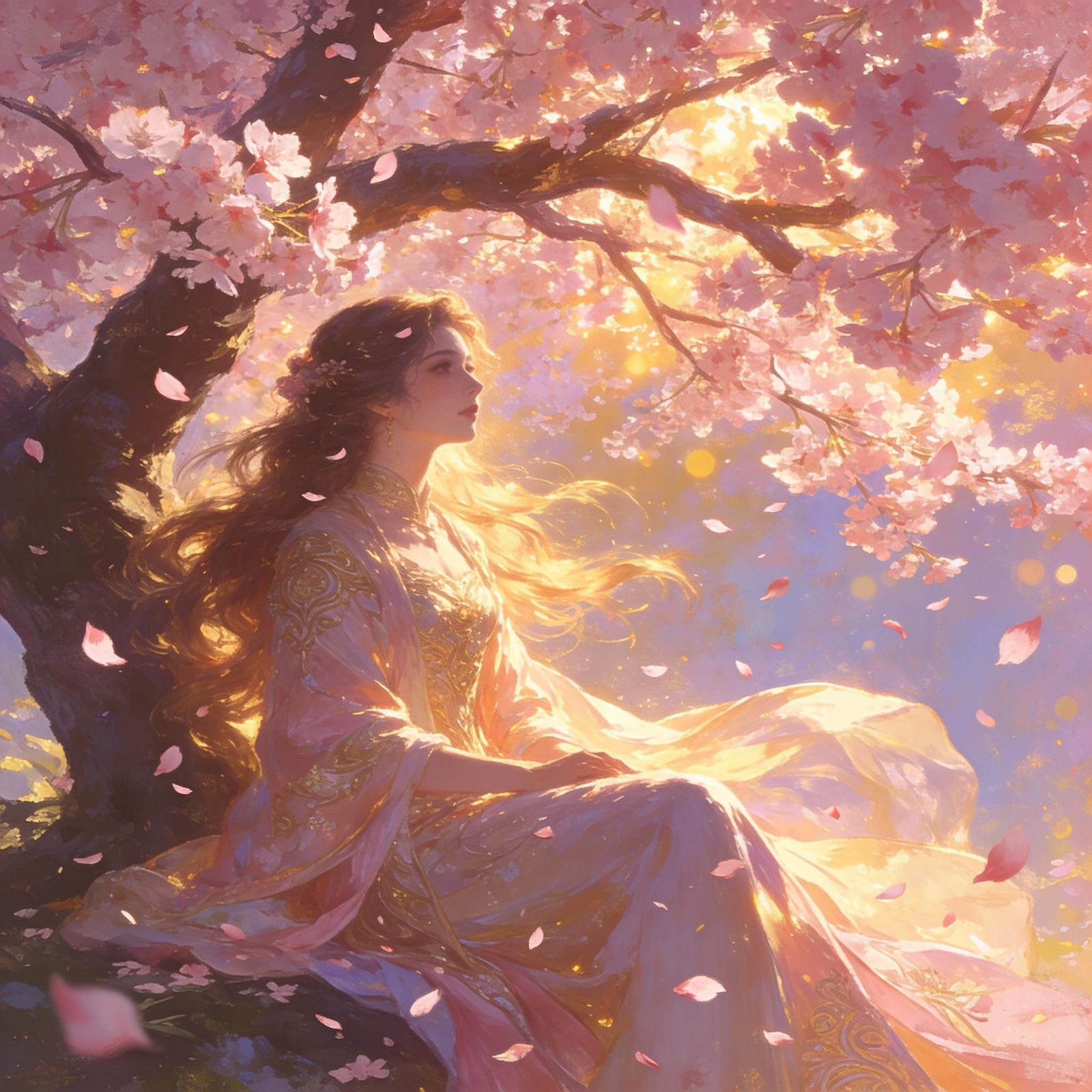 Woman Under Sakura Tree in Romantic Painterly Style
