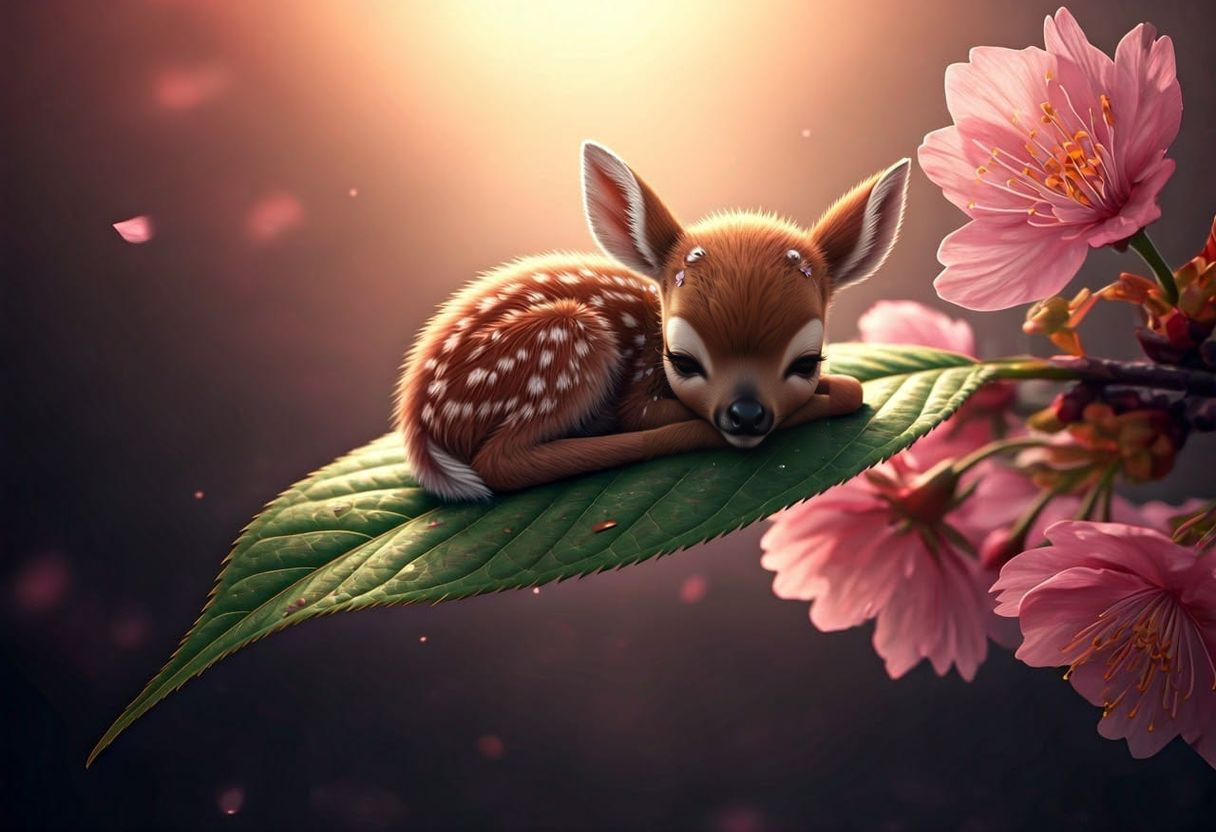 Adorable Fawn Sleeps on Cherry Blossom Leaf in Dreamlike Atm...