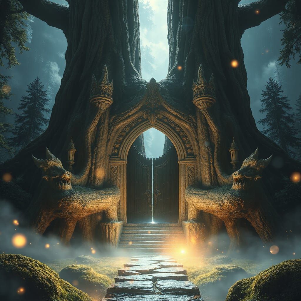 Mystical Doorway in Enchanted Forest Digital Matte Painting