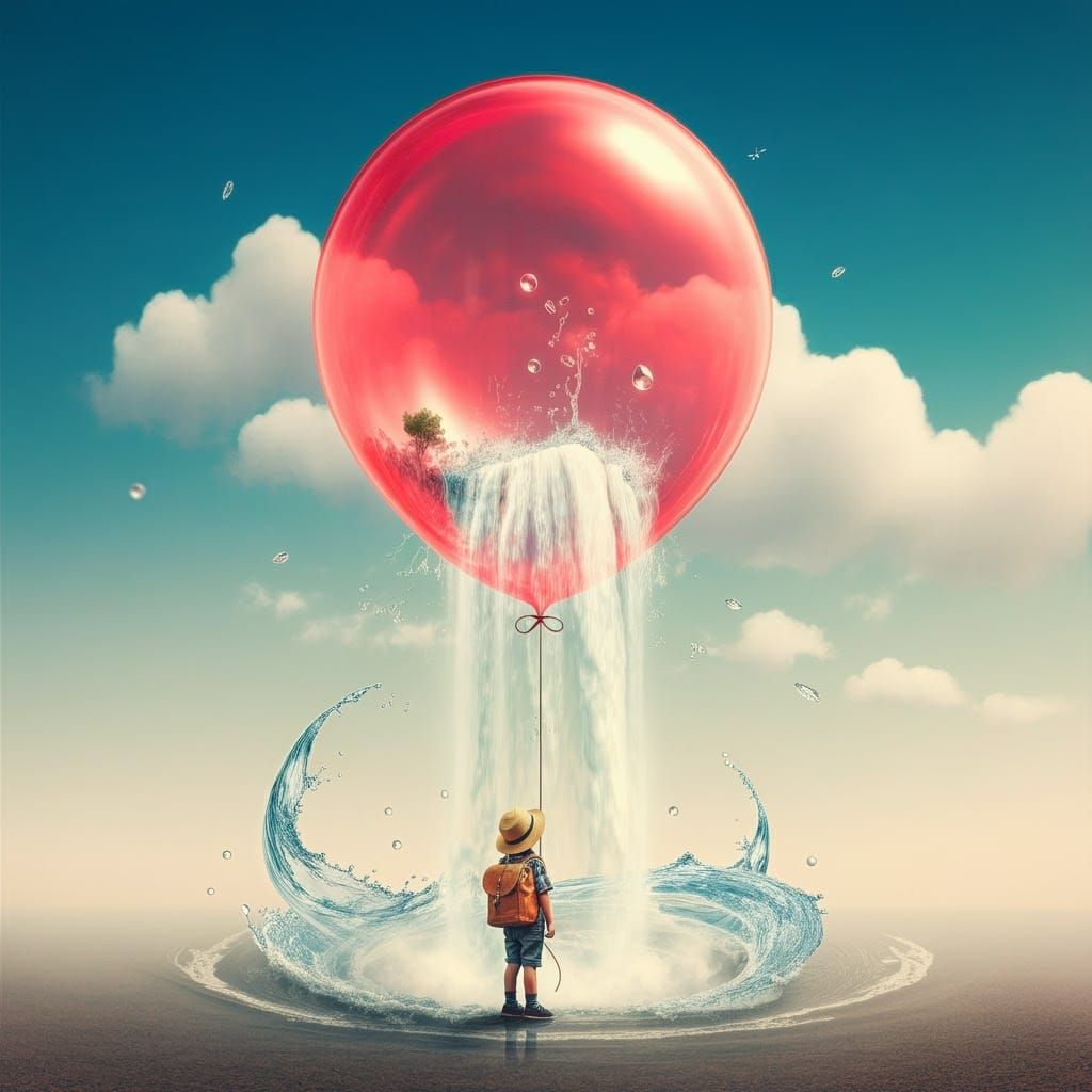 Boy Under Waterfall Balloon in Surrealist Style