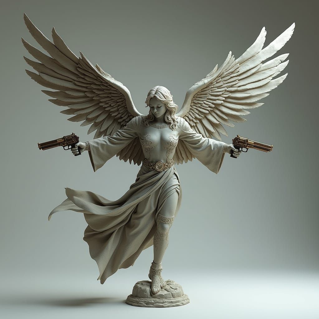 Cyberpunk Angel Sculpture with Wings and Pistols