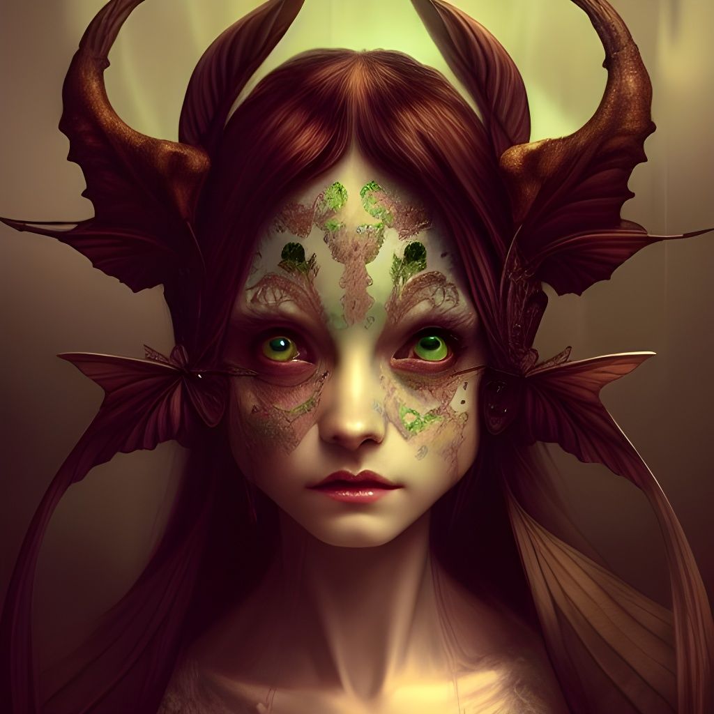 Beautiful Green Fairy Imp Portrait in Art Nouveau Style