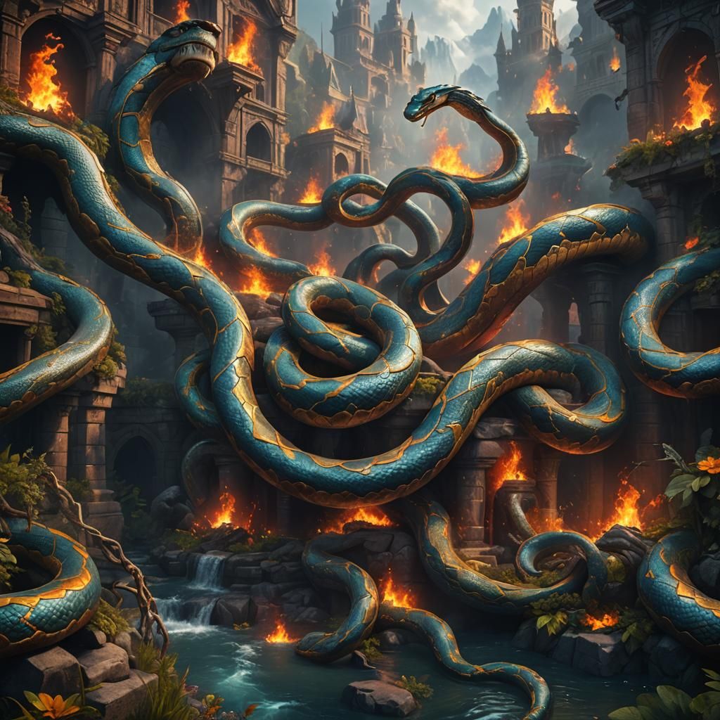 Fantastical Water and Fire Serpent in Detailed Painting