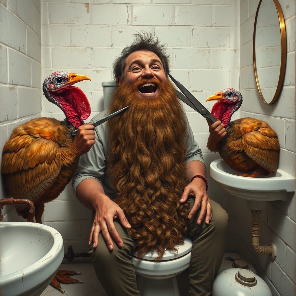 Surreal Bathroom Scene: Turkeys Trim a Laughing Man's Beard