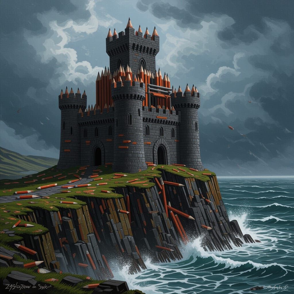 Colossal Pencil Castle on Stormy Cliff Edge