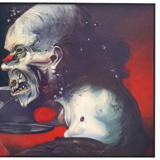 Grotesque King Shatters Vampire: A Surreal Oil Painting