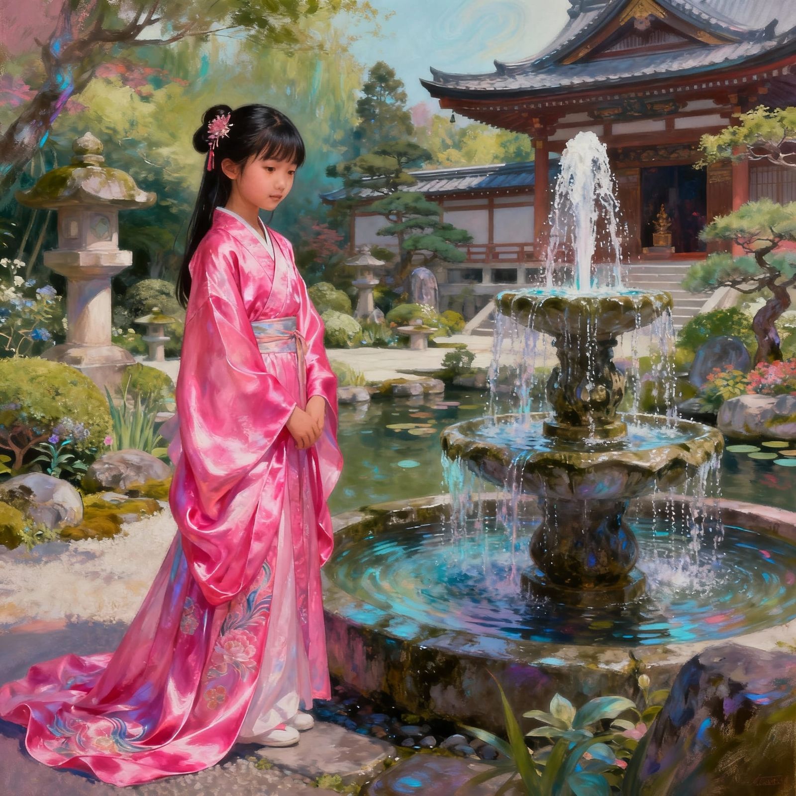 Asian Girl in Pink Silks in Japanese Garden