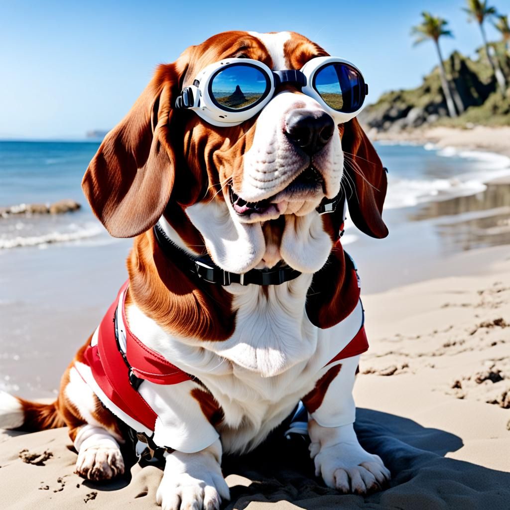 Bassett Hound on Beach with Goggles