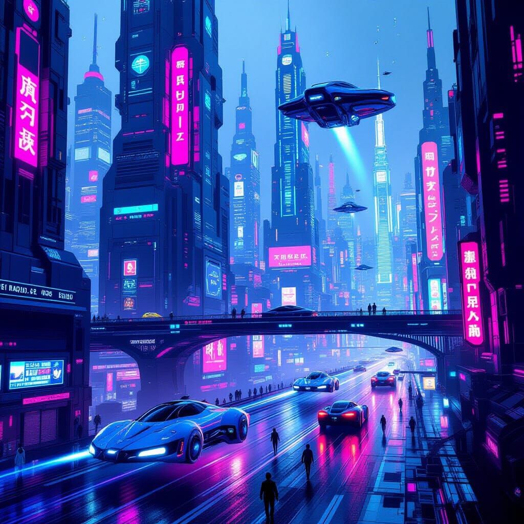 Cyberpunk Cityscape with Neon Skyscrapers and Hovercars