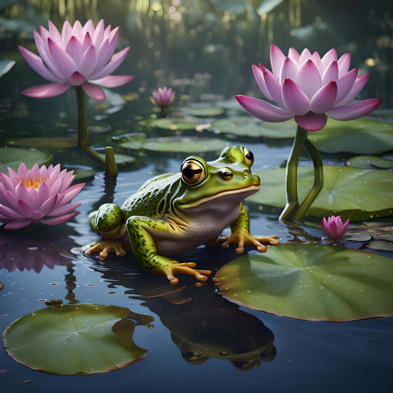 Happy Frog on Water Lily in Detailed Matte Painting