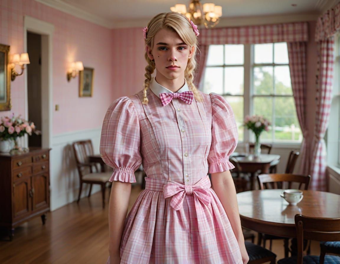 Stylish Blonde Boy in Elegant Dress, Dining Room Ambiance