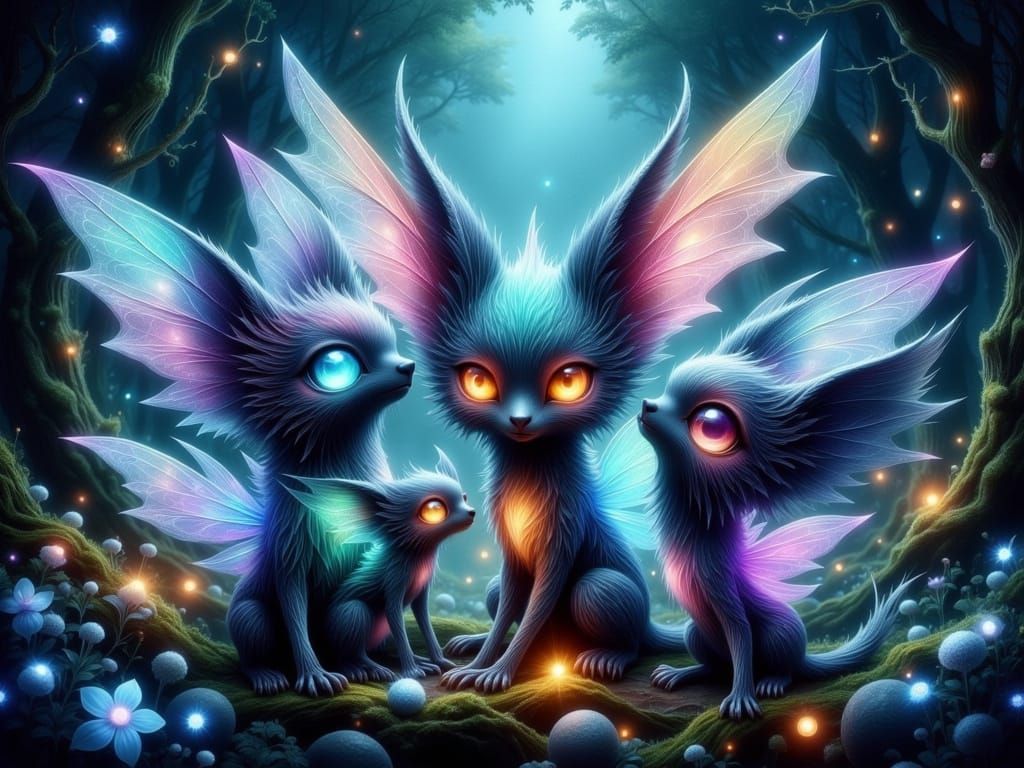 Furry Fairy Creatures Frolicking in Mystical Forest