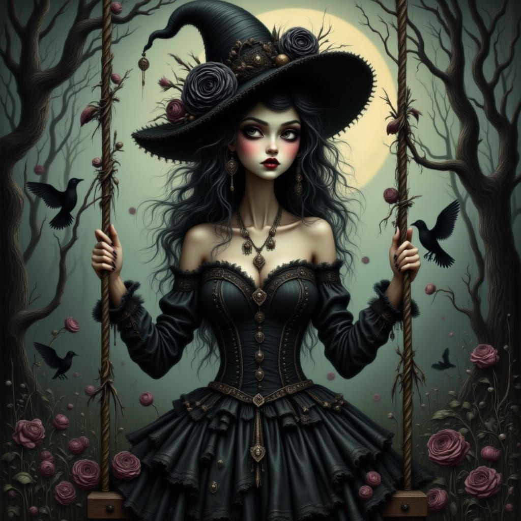 Young Witch in Victorian Gothic Dress on Moonlit Swing