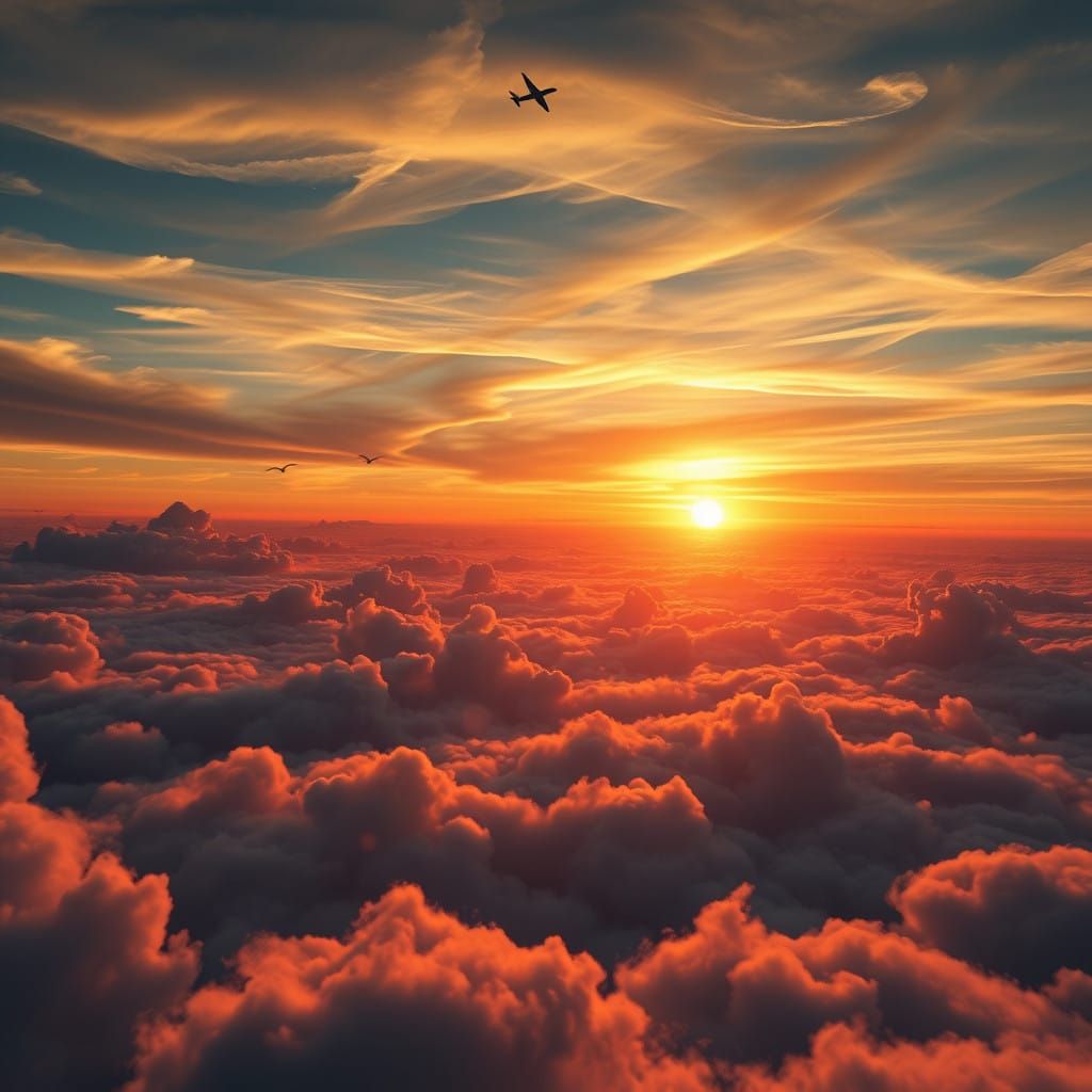 Surreal Sunset Landscape with Birds and Plane in Silhouette