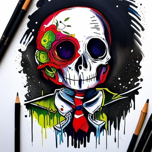 Cute Skeleton in Studio Ghibli and Brutalism Style