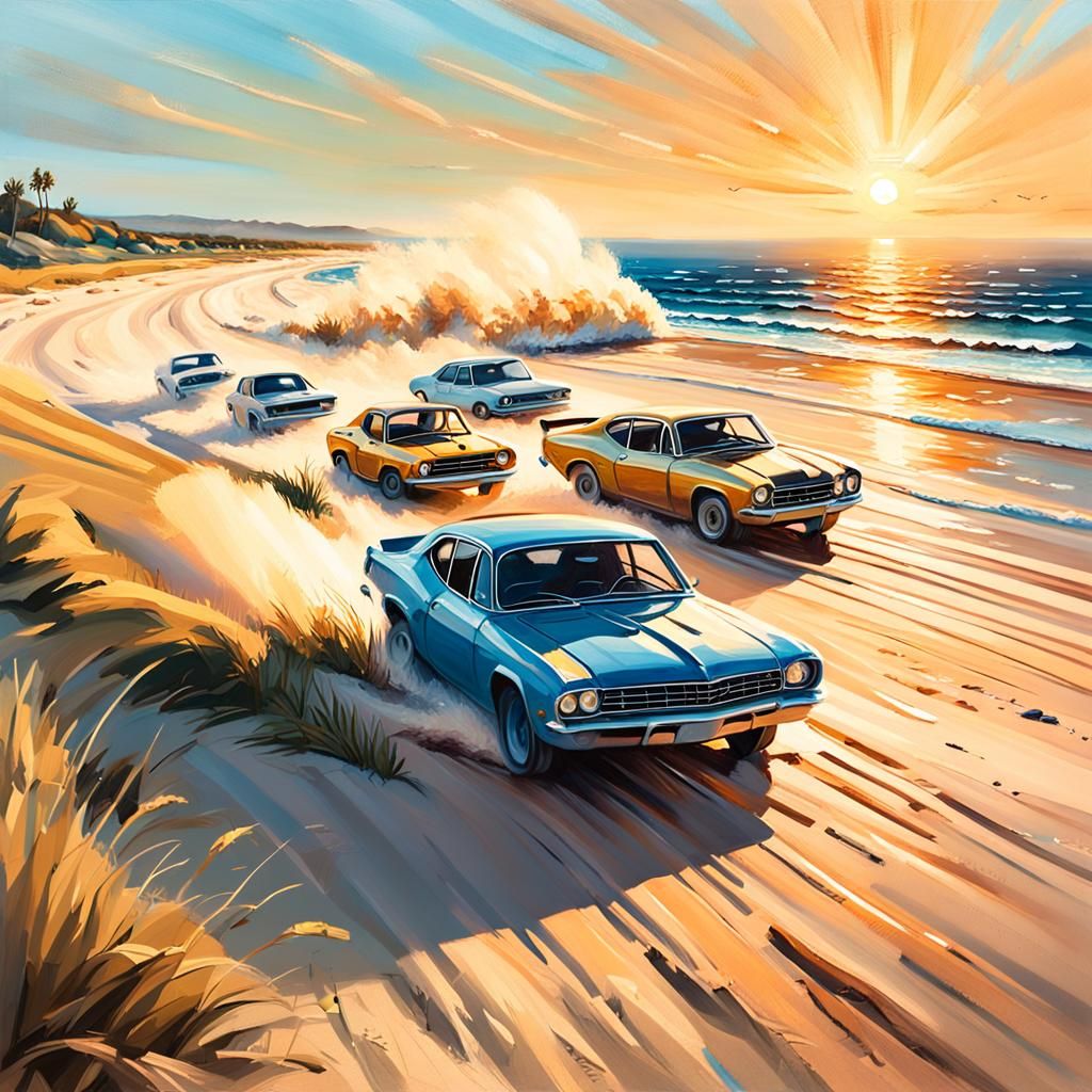 Cars Racing on Beach in Impressionistic Oil Painting