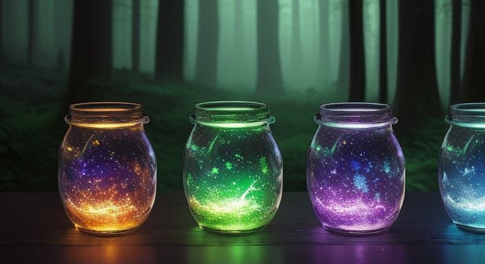Enchanted Glass Jars in a Mystical Forest Setting