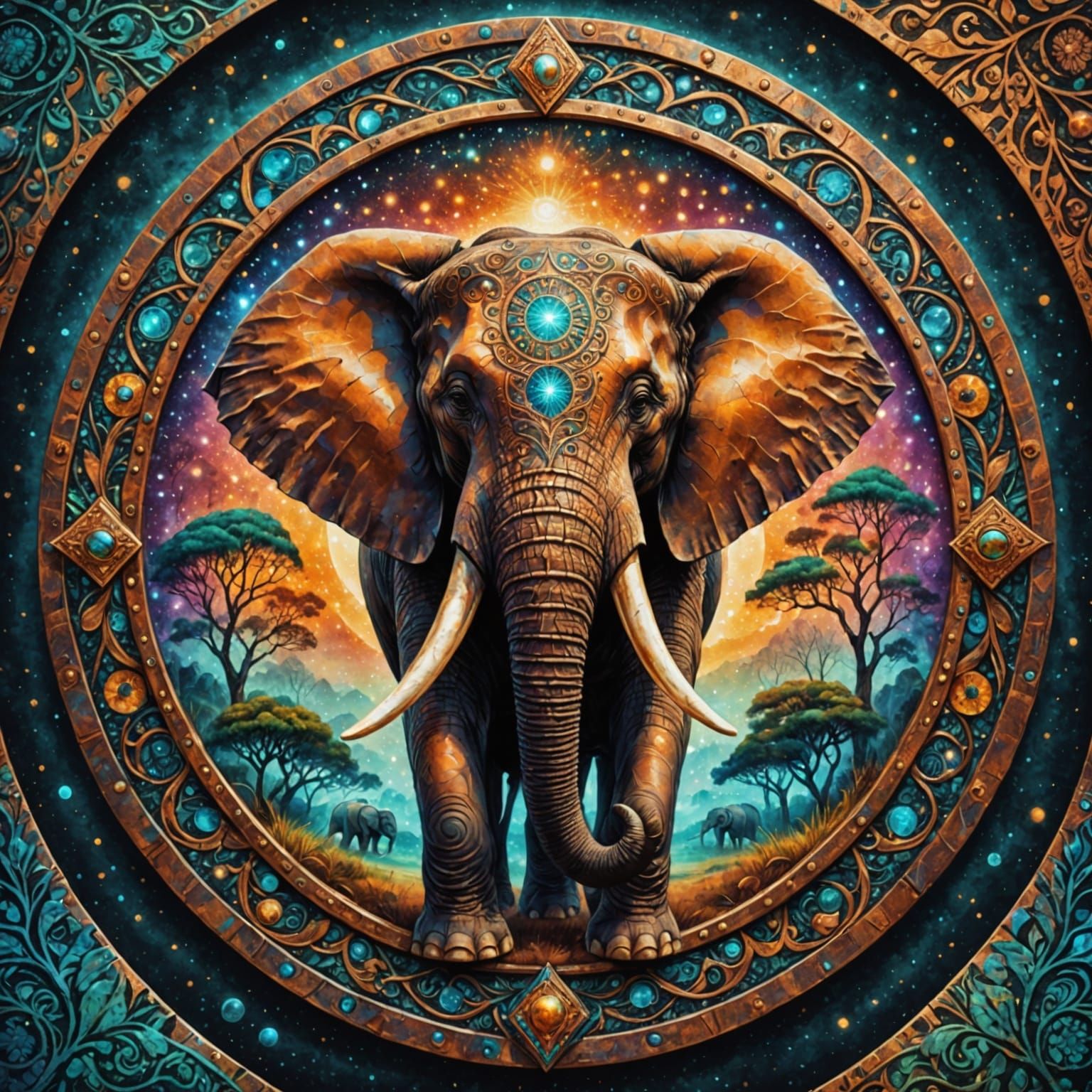 Ancient Copper Shield with Elephant and Tree of Life