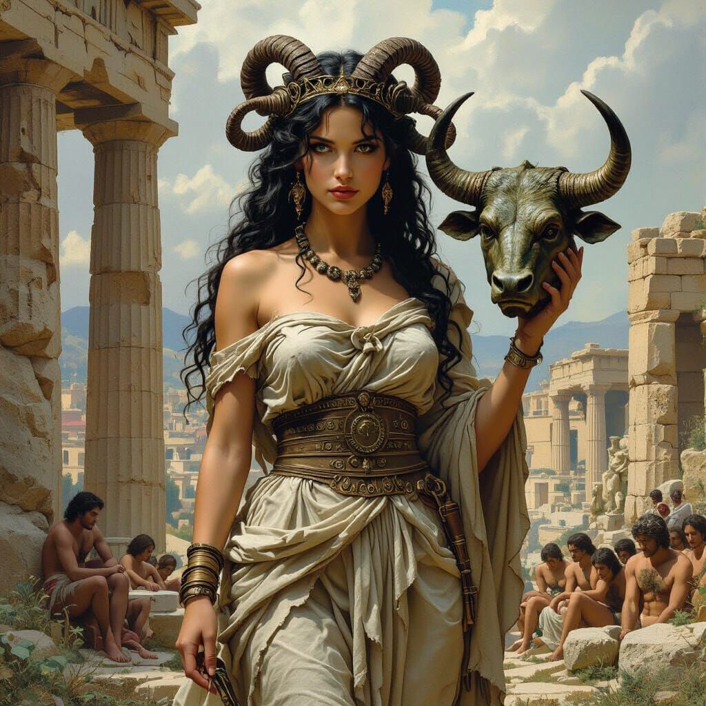 Medusa with Petrified Minotaur Head in Ancient Ruins