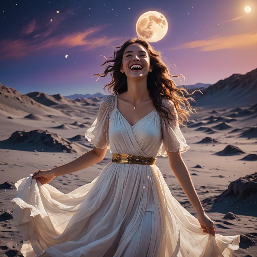 Girl Laughing on Moon in Fantasy Art Nouveau Style