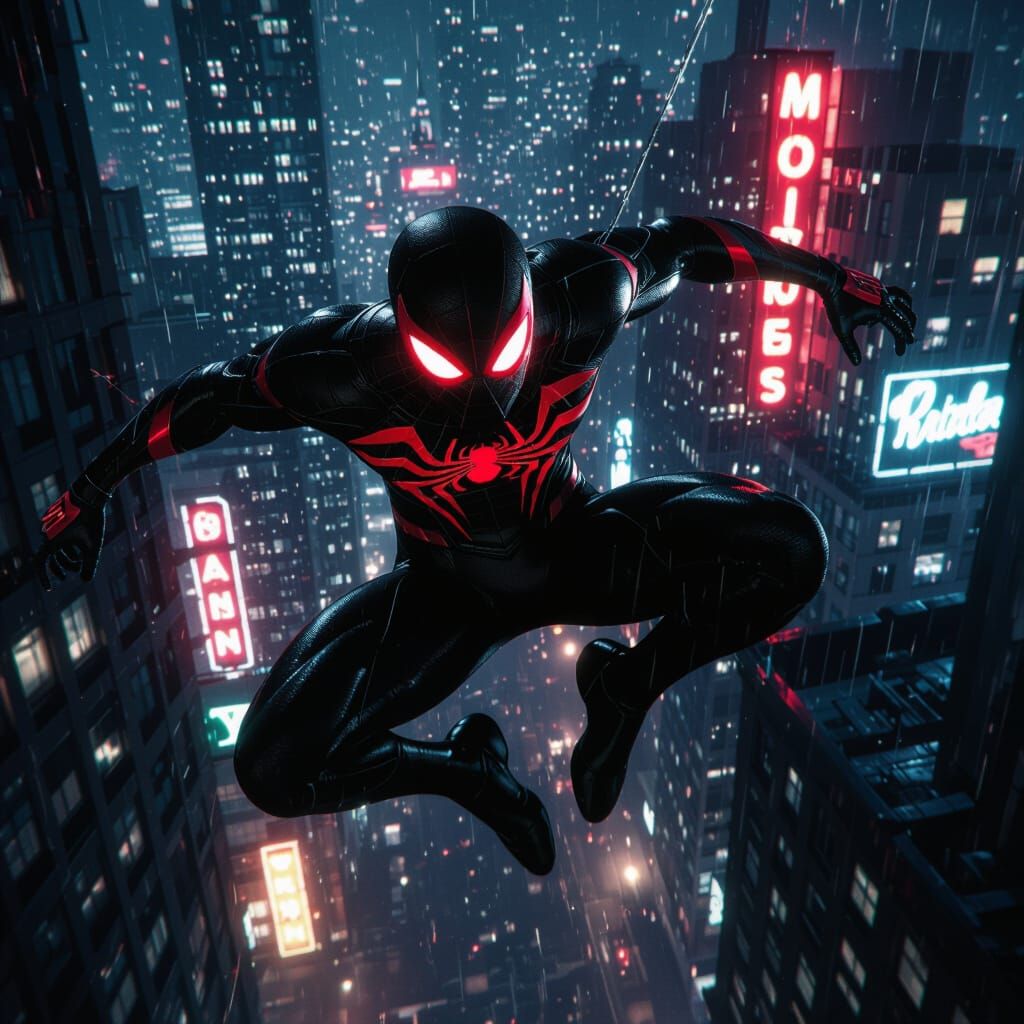 Spider-Man in Black Suit with Glowing Eyes Leaping