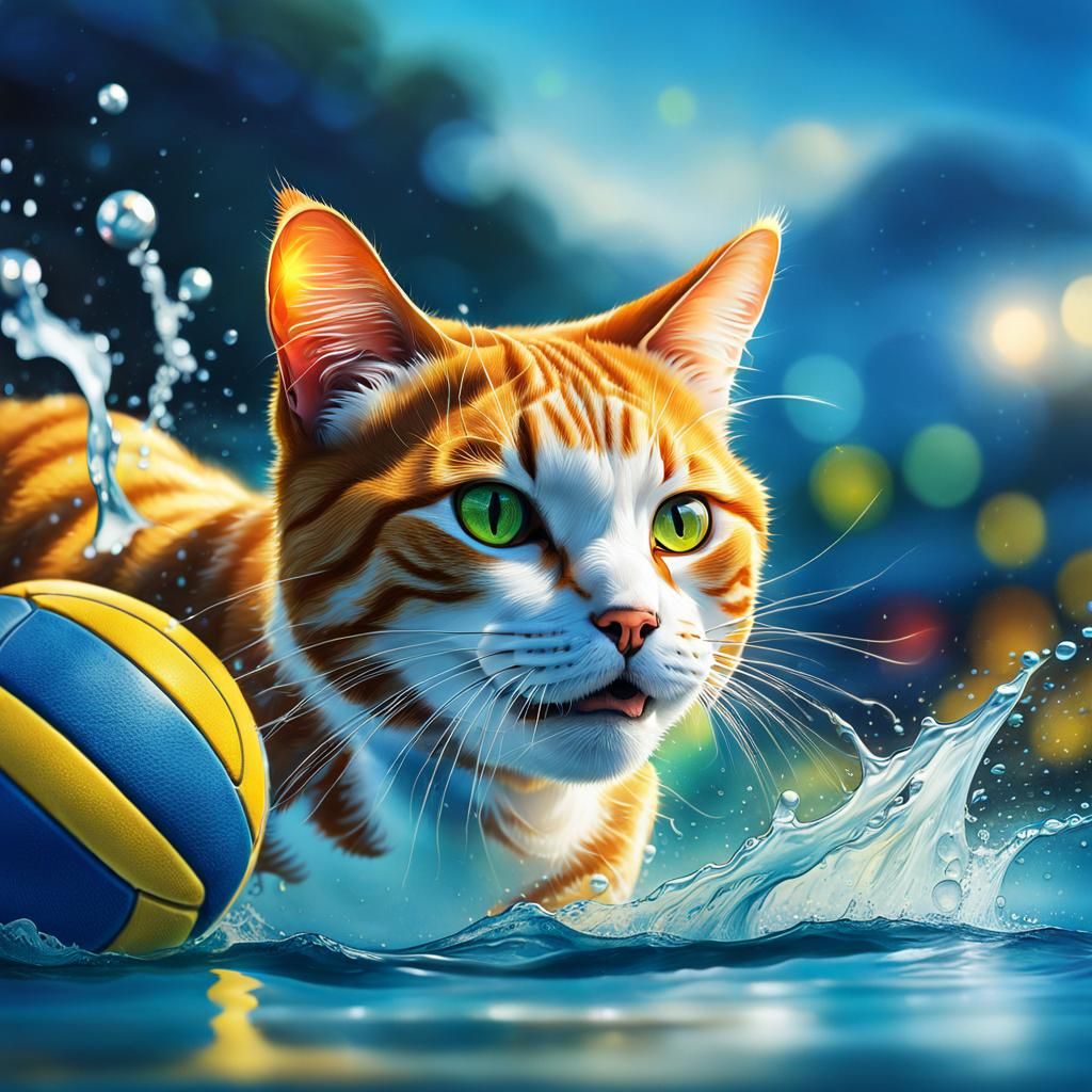 Hyperrealistic Cat Playing Water Polo Splash Art