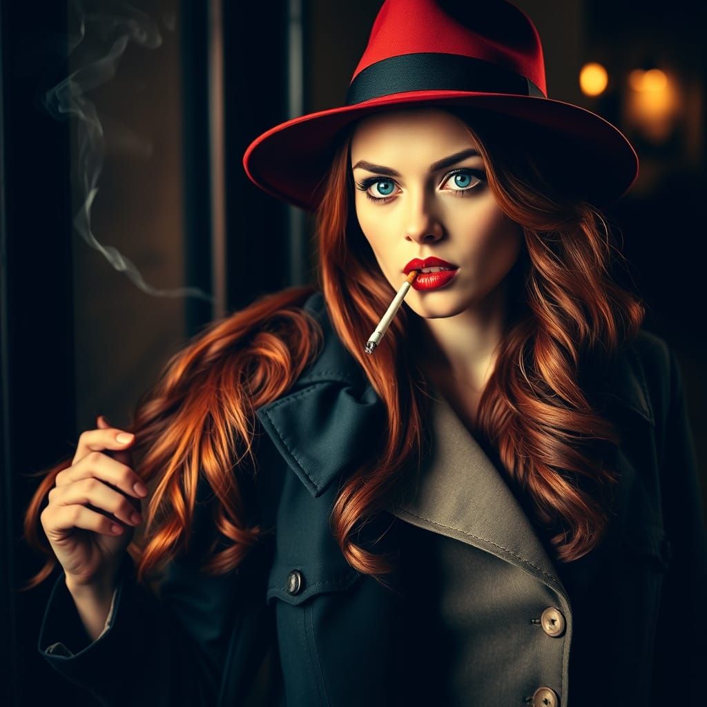 Classic Femme Fatale in Fedora and Trench Coat