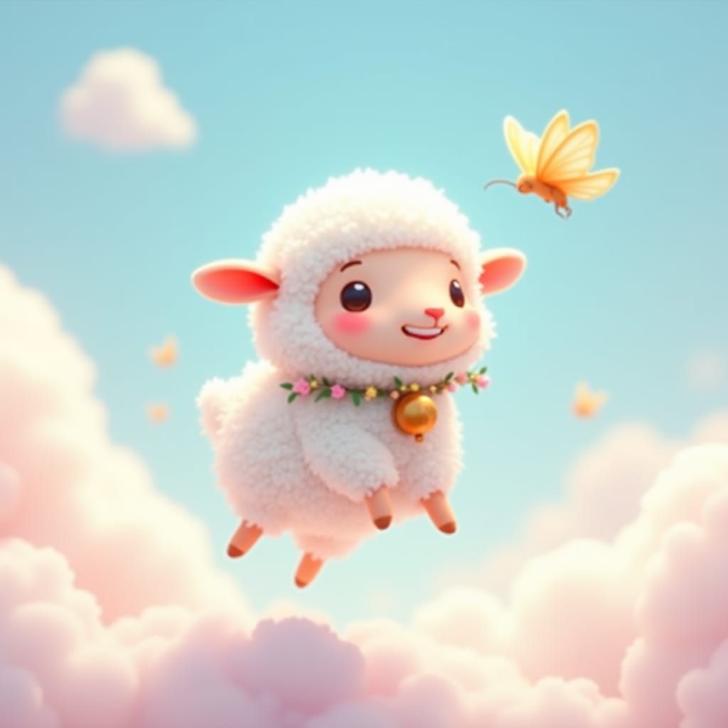 Fluffy Sheep Chasing Butterfly in Dreamy Cloudscape