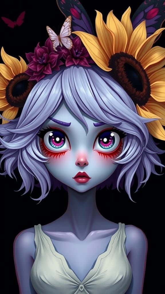 Cartoon Girl Portrait with Floral Headpiece