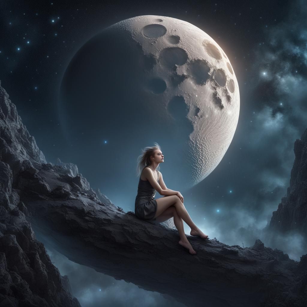 Fantasy Girl on Moon in Starry Night