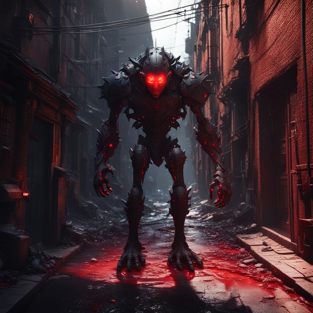Humanoid Shadows with Glowing Eyes in Dark Alley