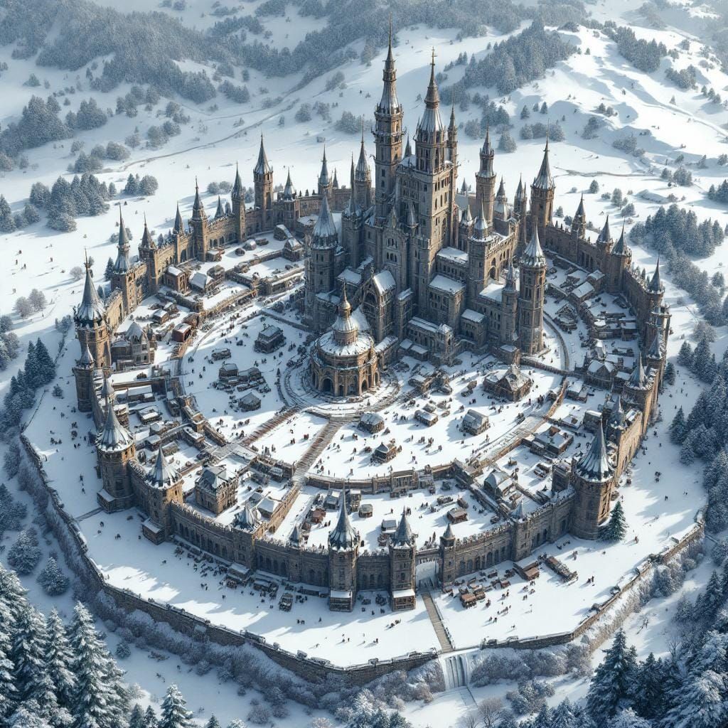 Futuristic Winterfell with Towering Spires, Digital Painting