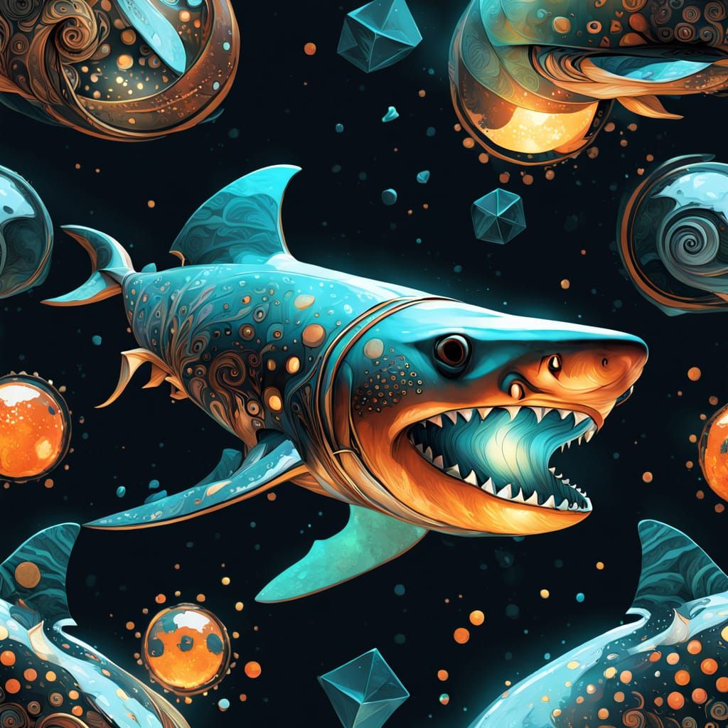 Escher-Inspired Shark Concept Art in Warm Colors