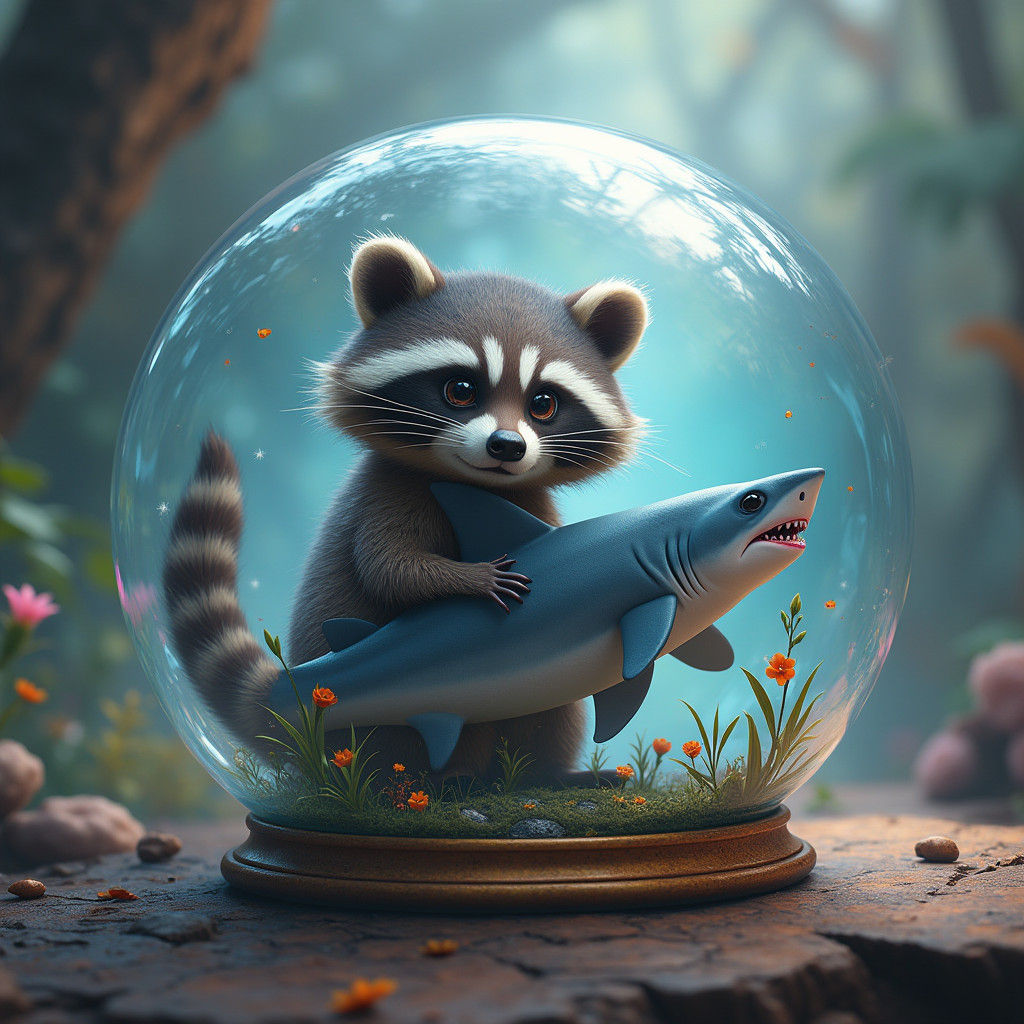 Raccoon and Shark in Glass Bubble, Matte Painting