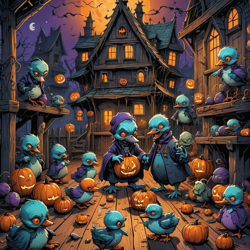 Monsters and Ducklings in Spooky Haunted House