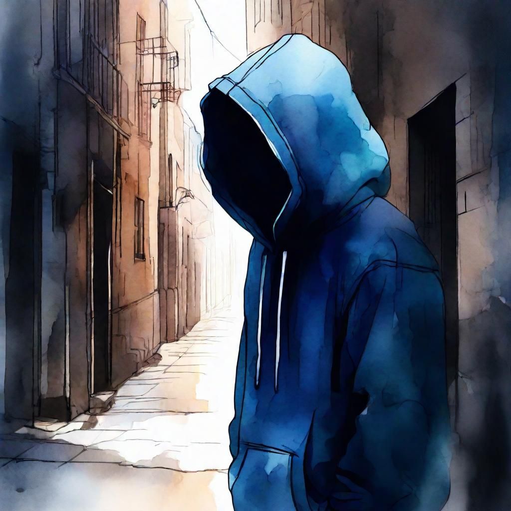 Dark Alleyway: Shadowed Figure in Watercolor Style