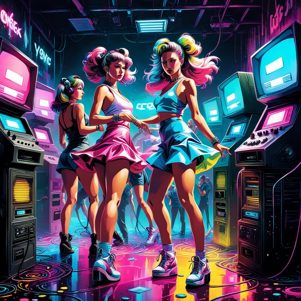 Vaporwave Party with Dancing People and Old Computers