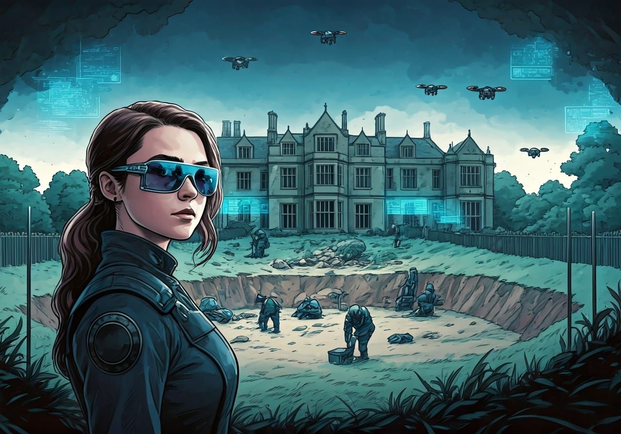 Cyberpunk Dig Site at Derelict Manor Illustration