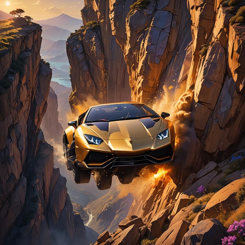 Golden Lamborghini Cliff Jump: Fantasy Oil Painting